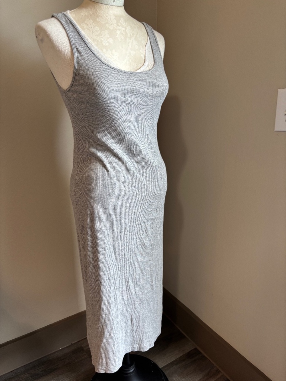 Great basic! Gray ribbed cotton midi tank dress